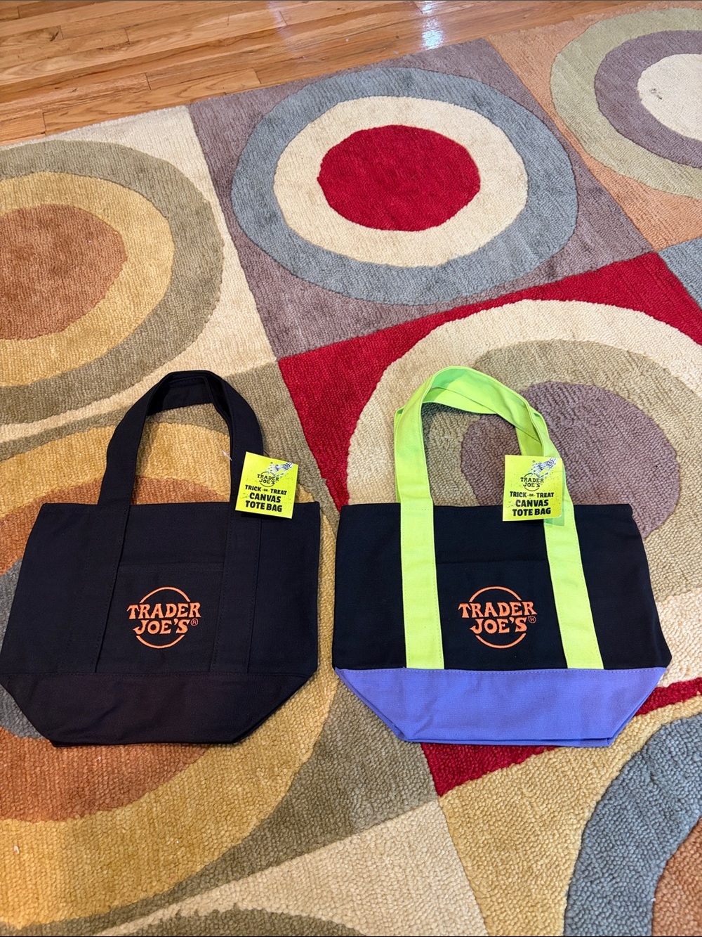 2 Trader Joe’s Fall Mini Canvas Tote Bags - Black & Black w/ neon Green & purple